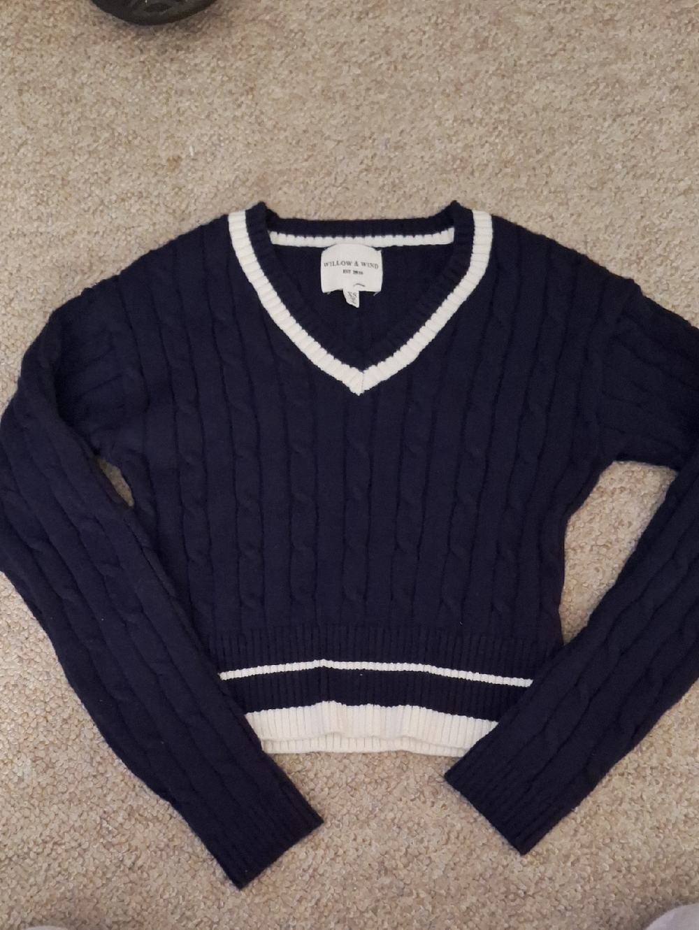 Navy Cable Knit V-Neck Sweater with White Trim